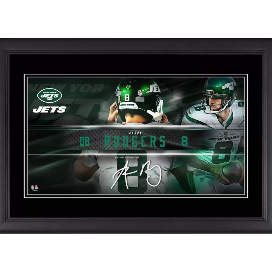 New York Jets Wall Art | Photos^Aaron Rodgers Facsimile Signature Framed 10" X 18" Player Nameplate Collage