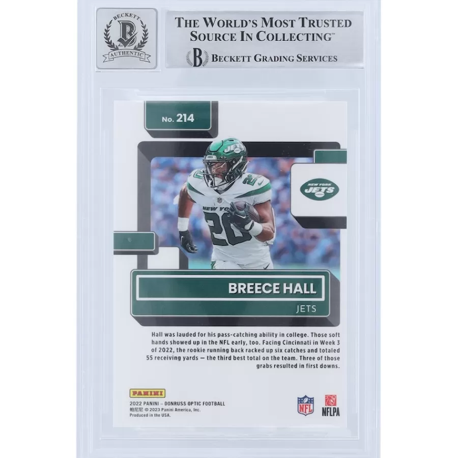 New York Jets Trading Cards^Breece Hall Autographed 2022 Panini Donruss Rated Rookie #214 Beckett Fanatics Witnessed Authenticated 9/10 Rookie Card