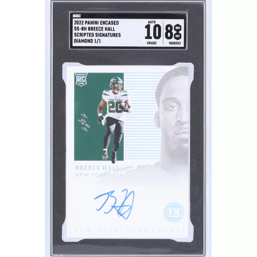 New York Jets Trading Cards^Breece Hall Autographed 2022 Panini Encased Scripted Signatures Diamond #SS-BH #1/1 SGC Authenticated 8/10 Rookie Card