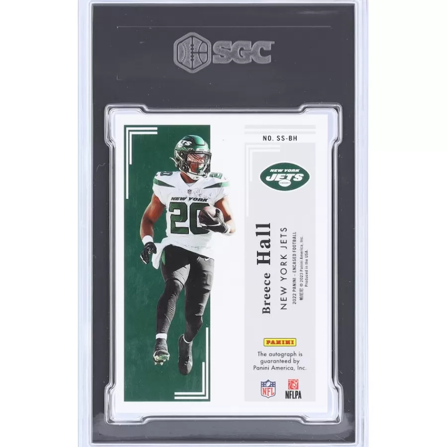 New York Jets Trading Cards^Breece Hall Autographed 2022 Panini Encased Scripted Signatures Diamond #SS-BH #1/1 SGC Authenticated 8/10 Rookie Card