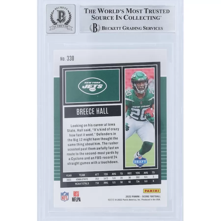 New York Jets Trading Cards^Breece Hall Autographed 2022 Panini Score #330 Beckett Fanatics Witnessed Authenticated 9/10 Rookie Card