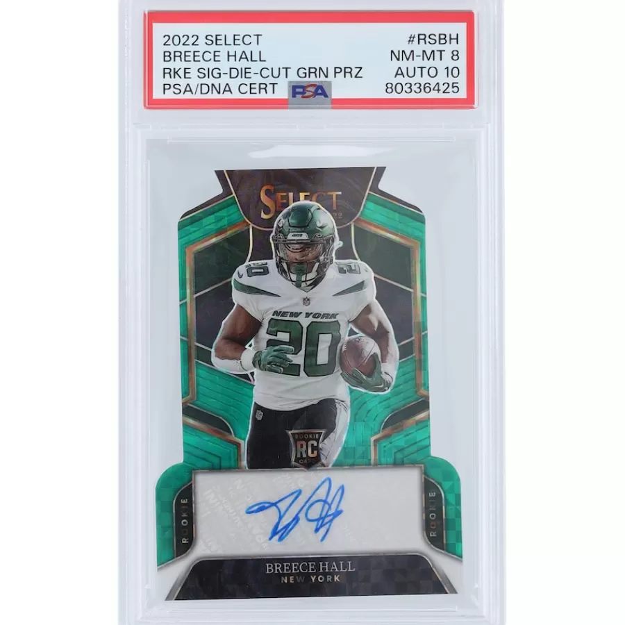 New York Jets Trading Cards^Breece Hall Autographed 2022 Panini Select Green Die-Cut #RS-BH #4/5 PSA Authenticated 8/10 Rookie Card