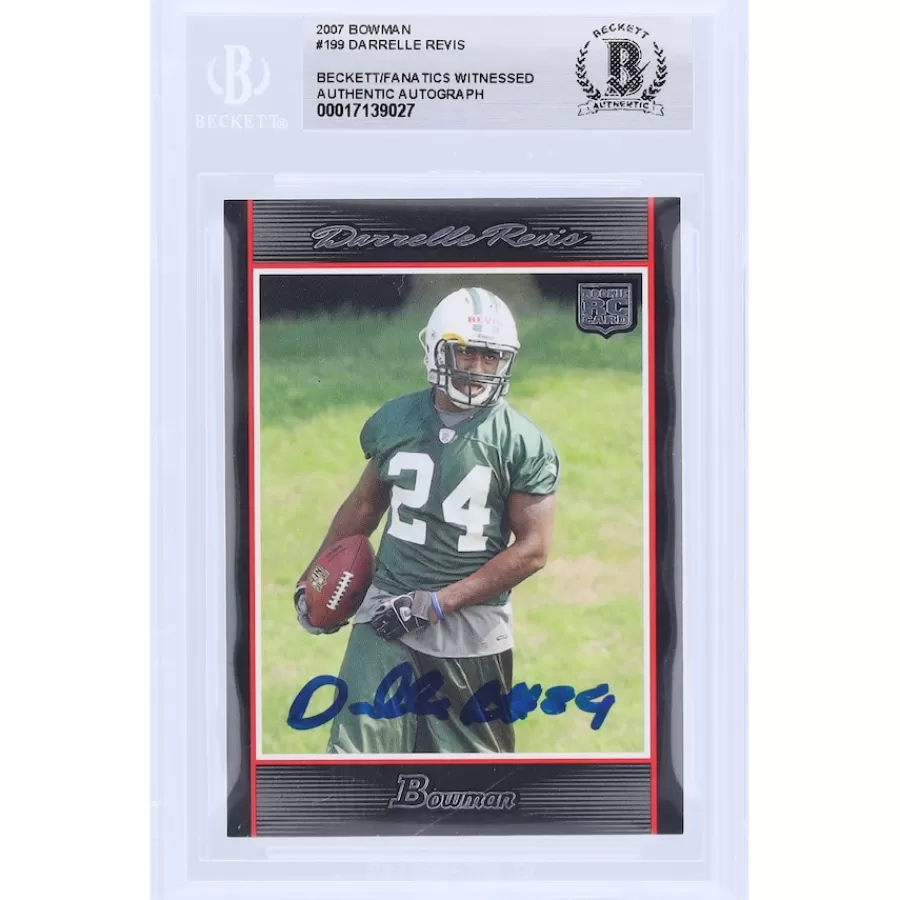 New York Jets Trading Cards^Darrelle Revis Autographed 2007 Bowman #199 Beckett Fanatics Witnessed Authenticated Rookie Card