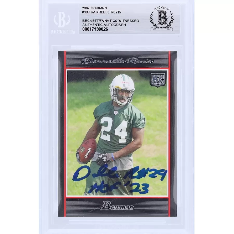 New York Jets Trading Cards^Darrelle Revis Autographed 2007 Bowman #199 Beckett Fanatics Witnessed Authenticated Rookie Card With "HOF '23" Inscription