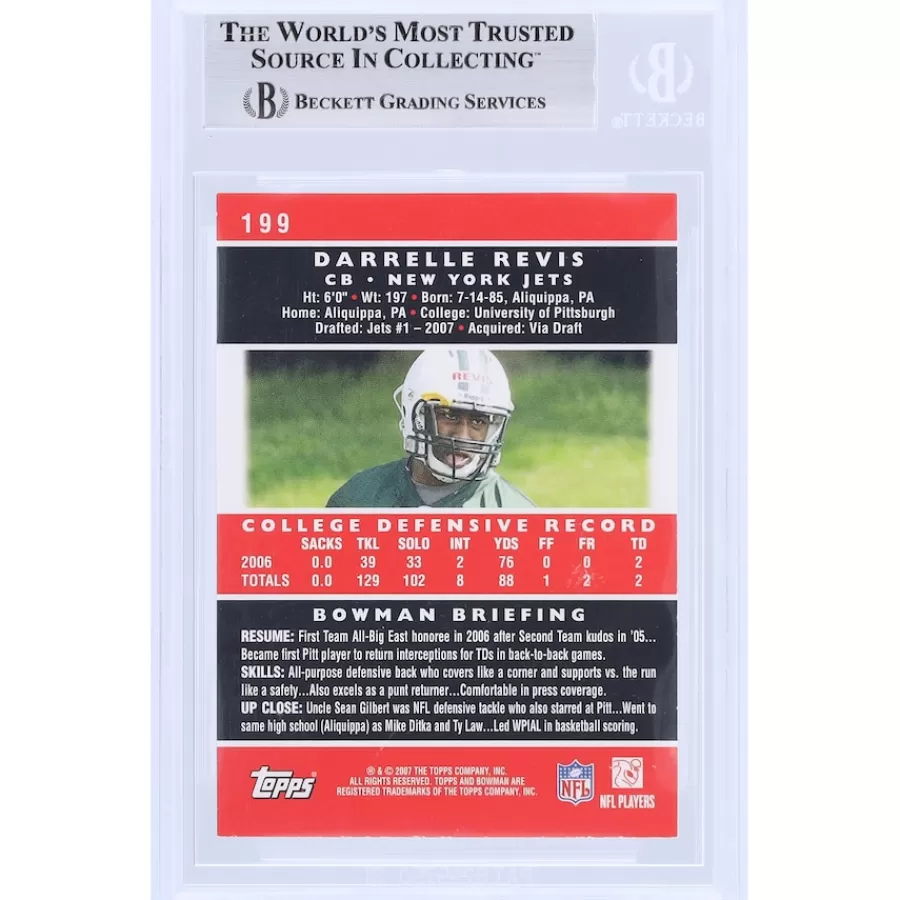 New York Jets Trading Cards^Darrelle Revis Autographed 2007 Bowman #199 Beckett Fanatics Witnessed Authenticated Rookie Card With "HOF '23" Inscription