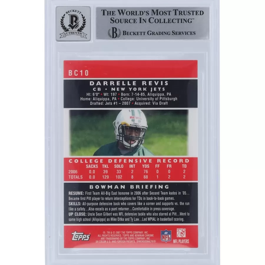 New York Jets Trading Cards^Darrelle Revis Autographed 2007 Bowman Chrome #BC10 Beckett Fanatics Witnessed Authenticated 10 Rookie Card With "HOF 23" Inscription