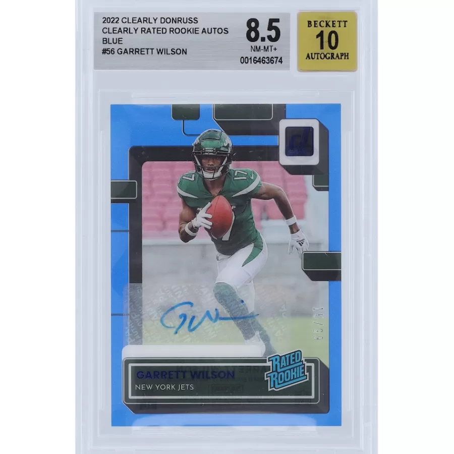 New York Jets Trading Cards^Garrett Wilson Autographed 2022 Panini Clearly Donruss Blue Variation #56 #15/99 BGS Authenticated 8.5/10 Rookie Card