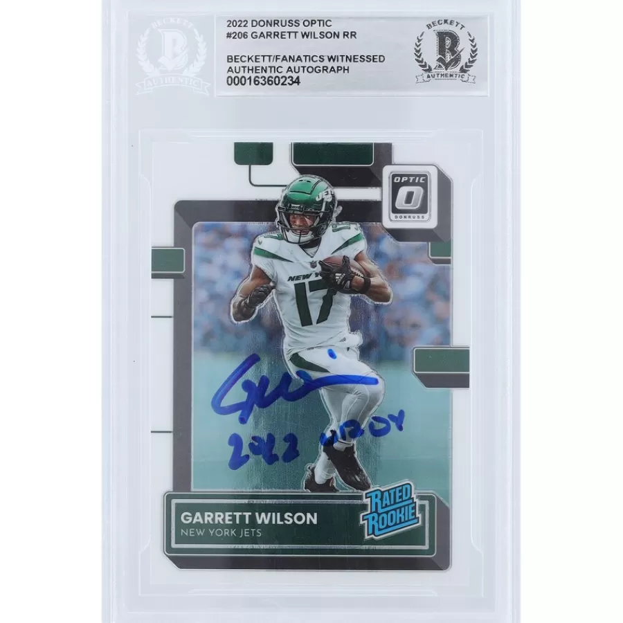 New York Jets Trading Cards^Garrett Wilson Autographed 2022 Panini Donruss Optic Rated Rookie #206 Beckett Fanatics Witnessed Authenticated Rookie Card With "2022 OROY" Inscription