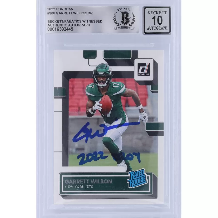 New York Jets Trading Cards^Garrett Wilson Autographed 2022 Panini Donruss Rated Rookie #306 Beckett Fanatics Witnessed Authenticated 10 Rookie Card With "2022 OROY" Inscription