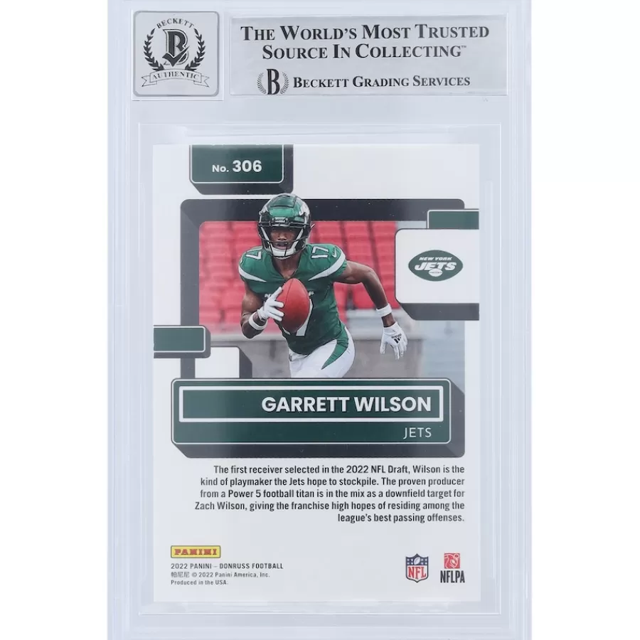 New York Jets Trading Cards^Garrett Wilson Autographed 2022 Panini Donruss Rated Rookie #306 Beckett Fanatics Witnessed Authenticated 9/10 Rookie Card