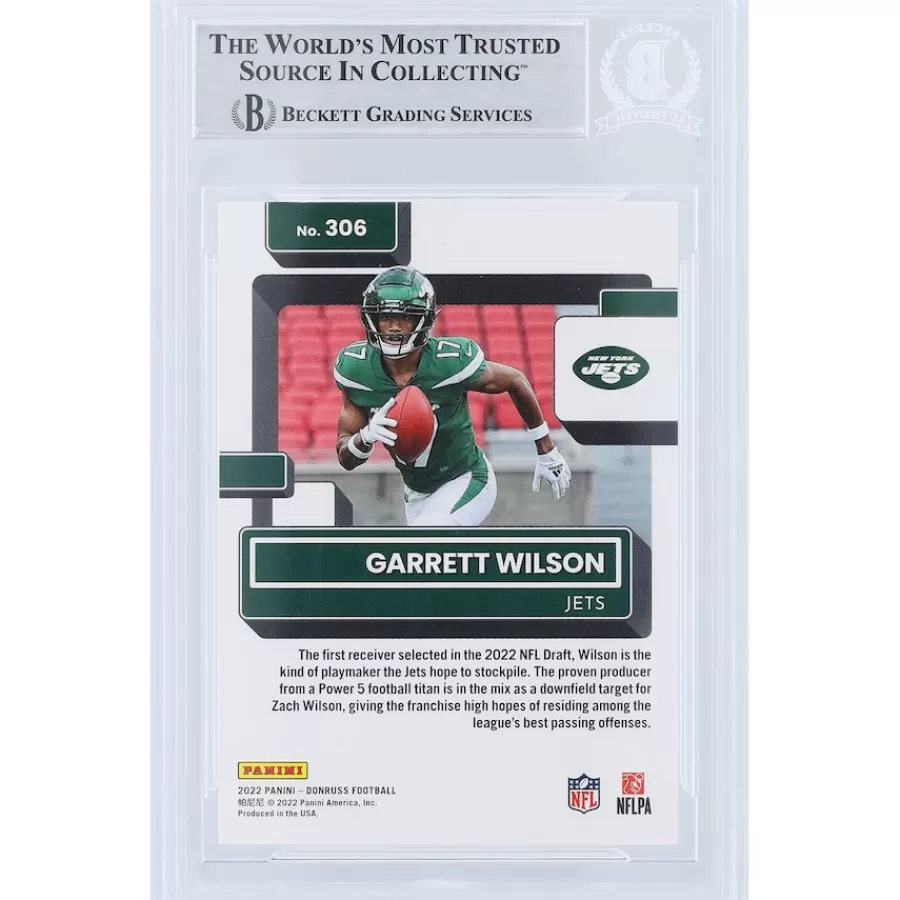 New York Jets Trading Cards^Garrett Wilson Autographed 2022 Panini Donruss Rated Rookie #306 Beckett Fanatics Witnessed Authenticated Rookie Card With "2022 OROY" Inscription