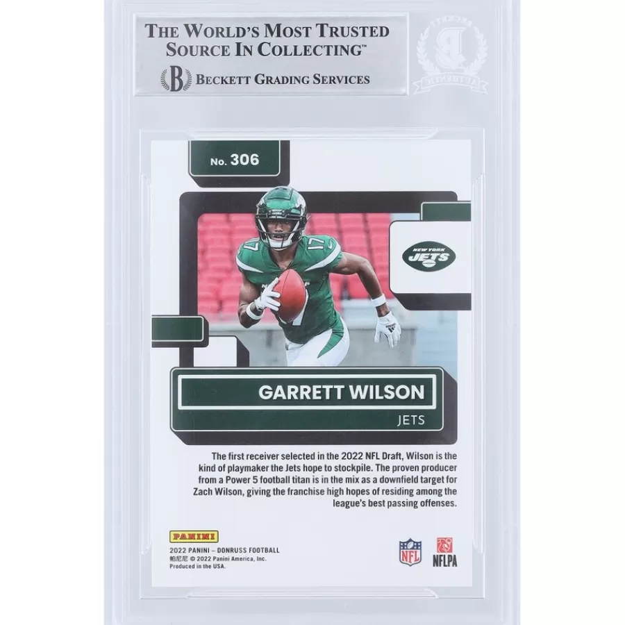 New York Jets Trading Cards^Garrett Wilson Autographed 2022 Panini Donruss Rated Rookie Press Proof Premium #306 Beckett Fanatics Witnessed Authenticated Rookie Card With "2022 OROY" Inscription