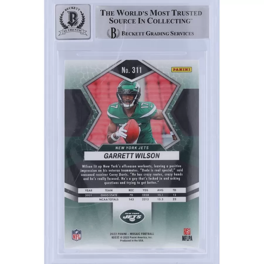 New York Jets Trading Cards^Garrett Wilson Autographed 2022 Panini Mosaic #311 Beckett Fanatics Witnessed Authenticated 10 Rookie Card With "2022 OROY" Inscription