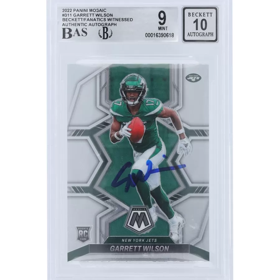 New York Jets Trading Cards^Garrett Wilson Autographed 2022 Panini Mosaic #311 Beckett Fanatics Witnessed Authenticated 9/10 Rookie Card