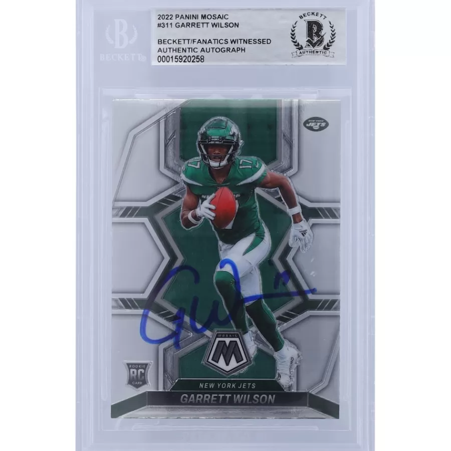 New York Jets Trading Cards^Garrett Wilson Autographed 2022 Panini Mosaic #311 Beckett Fanatics Witnessed Authenticated Rookie Card