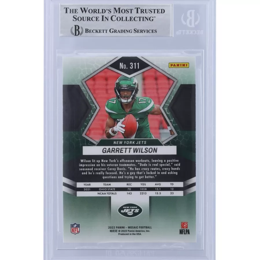 New York Jets Trading Cards^Garrett Wilson Autographed 2022 Panini Mosaic #311 Beckett Fanatics Witnessed Authenticated Rookie Card