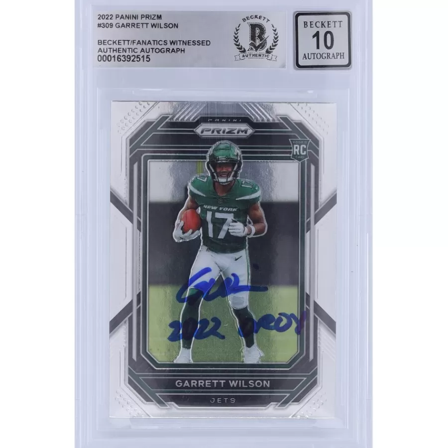 New York Jets Trading Cards^Garrett Wilson Autographed 2022 Panini Prizm #309 Beckett Fanatics Witnessed Authenticated 10 Rookie Card With "2022 OROY" Inscription