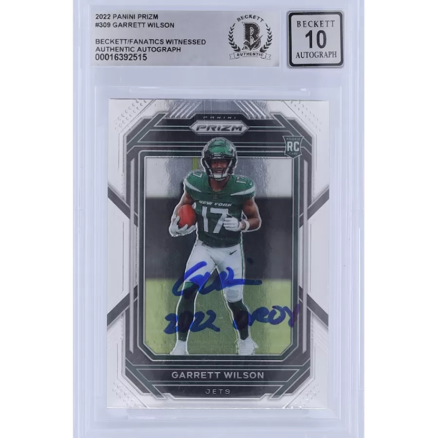 New York Jets Trading Cards^Garrett Wilson Autographed 2022 Panini Prizm #309 Beckett Fanatics Witnessed Authenticated 10 Rookie Card With "2022 OROY" Inscription