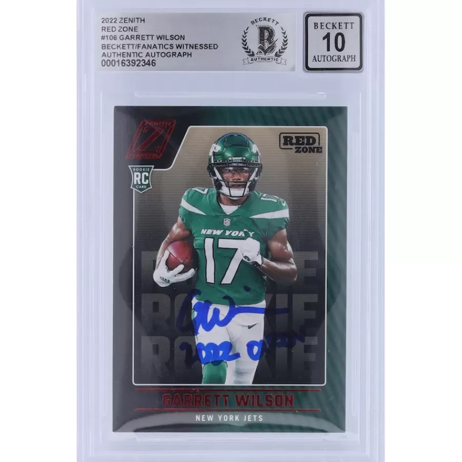 New York Jets Trading Cards^Garrett Wilson Autographed 2022 Panini Zenith Red Zone #106 Beckett Fanatics Witnessed Authenticated 10 Rookie Card With "2022 OROY" Inscription