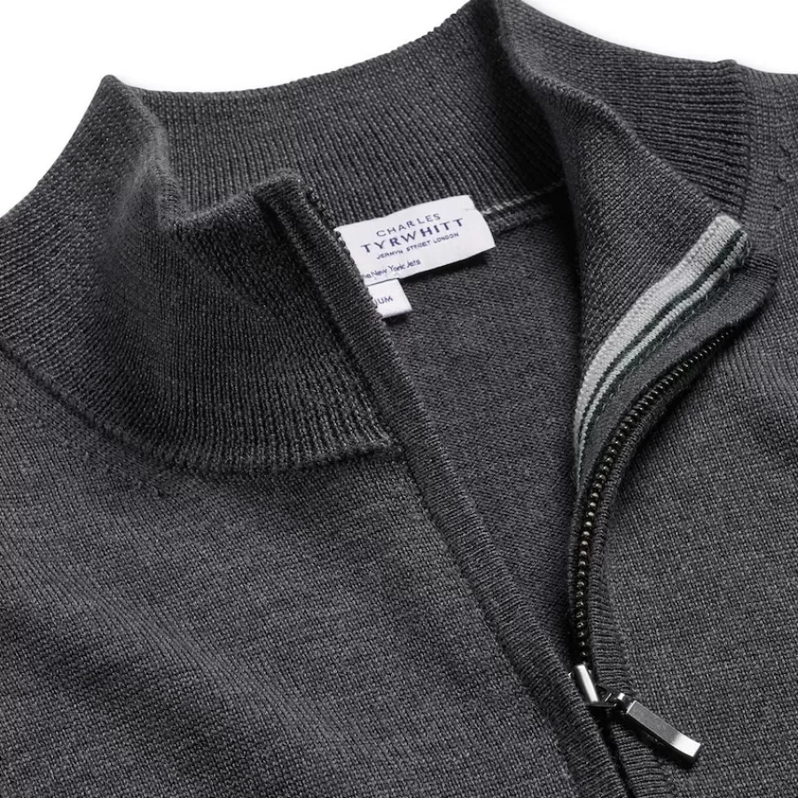 New York Jets Sweaters & Dress Shirts | Sweatshirts & Fleece^Men's Charles Tyrwhitt Gray Merino Quarter-Zip Pullover Sweater