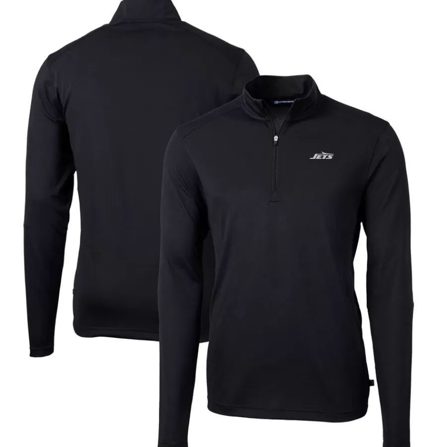 New York Jets Big & Tall^Men's Cutter & Buck Black Big & Tall Monochromatic Logo Virtue Eco Pique Recycled Quarter-Zip Pullover Top