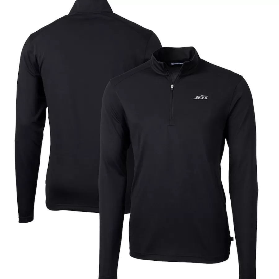 New York Jets Big & Tall^Men's Cutter & Buck Black Big & Tall Monochromatic Logo Virtue Eco Pique Recycled Quarter-Zip Pullover Top