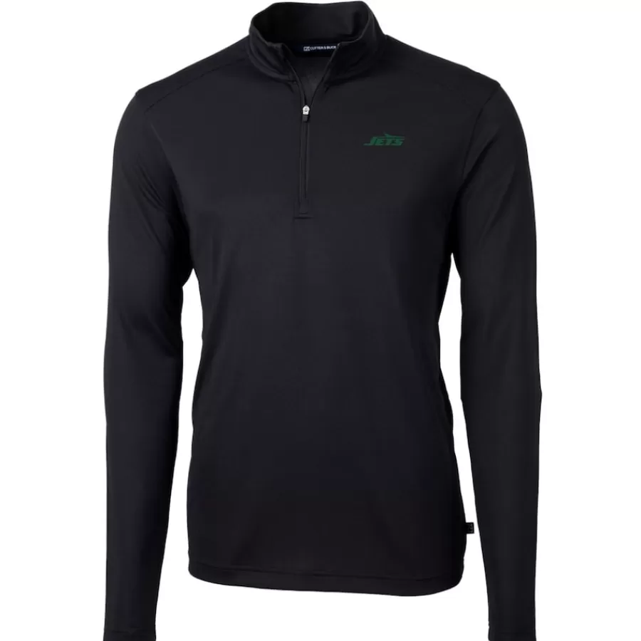 New York Jets Big & Tall^Men's Cutter & Buck Black Big & Tall Primary Logo Virtue Eco Pique Recycled Quarter-Zip Pullover Top