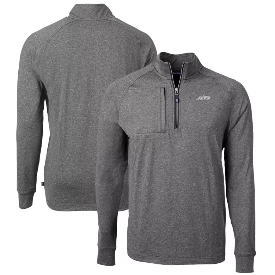 New York Jets Big & Tall^Men's Cutter & Buck Heather Black Monochromatic Logo Big & Tall Adapt Eco Knit Quarter-Zip Top