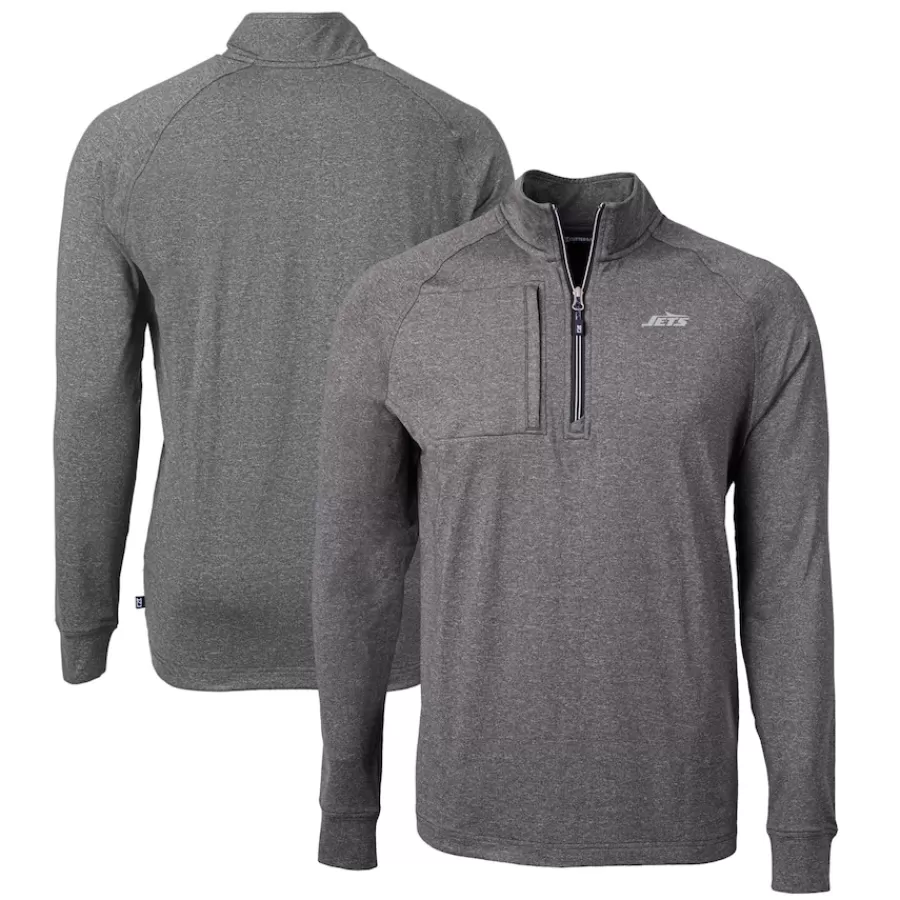 New York Jets Big & Tall^Men's Cutter & Buck Heather Black Monochromatic Logo Big & Tall Adapt Eco Knit Quarter-Zip Top