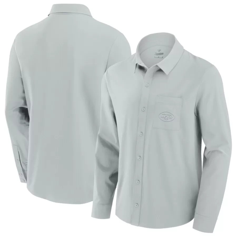 New York Jets Sweaters & Dress Shirts^Men's Fanatics Gray Front Office Long Sleeve Button-Up Shirt