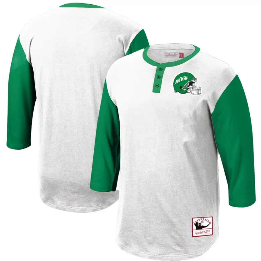New York Jets Long Sleeved^Men's Mitchell & Ness White Legacy Slub Henley 3/4 Sleeve T-Shirt