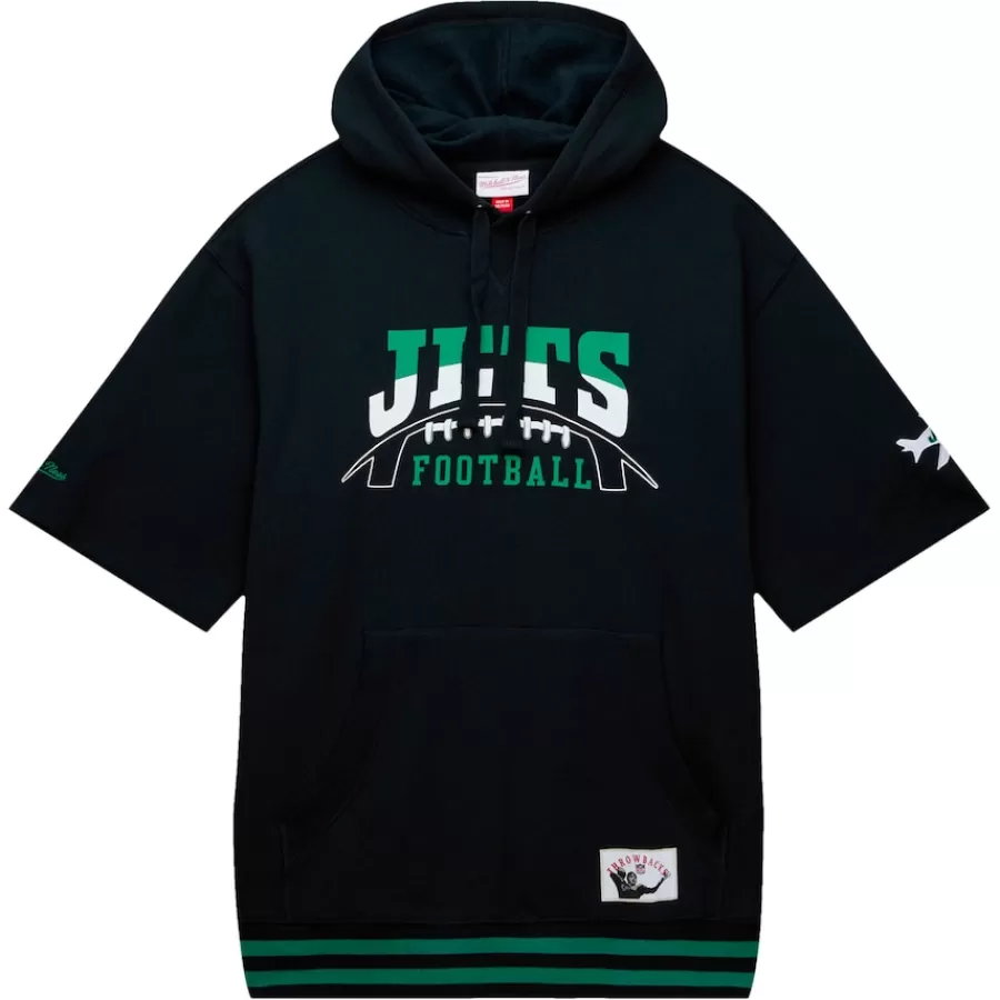 New York Jets Sweatshirts & Fleece | Men^Men's Mitchell & Ness Black Pre-Game Short Sleeve Pullover Hoodie