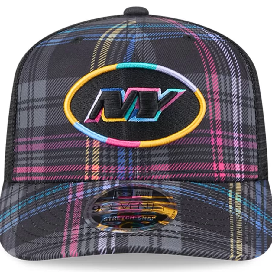 New York Jets Adjustable | Snapback^Men's New Era Black 2024 NFL Crucial Catch Plaid 9SEVENTY Trucker Snapback Hat