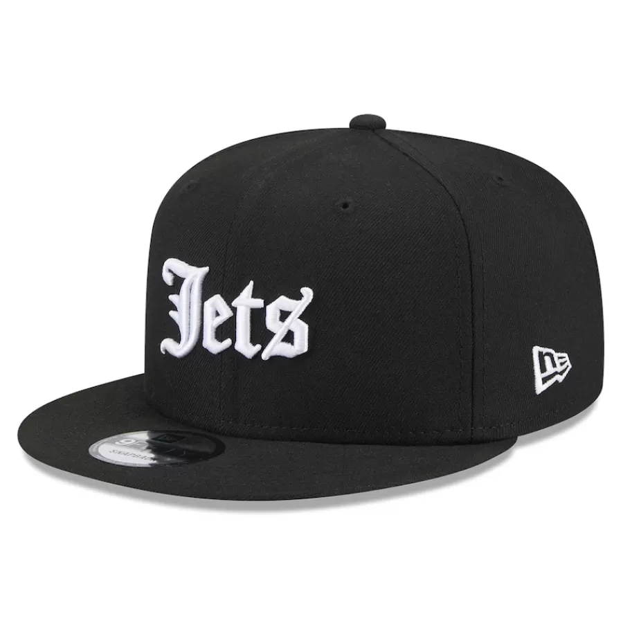 New York Jets Hats | Men^Men's New Era Black Gothic Script 9FIFTY Snapback Hat