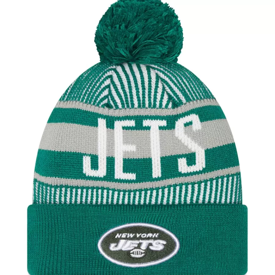 New York Jets Knit^Men's New Era Green Striped Cuffed Knit Hat With Pom