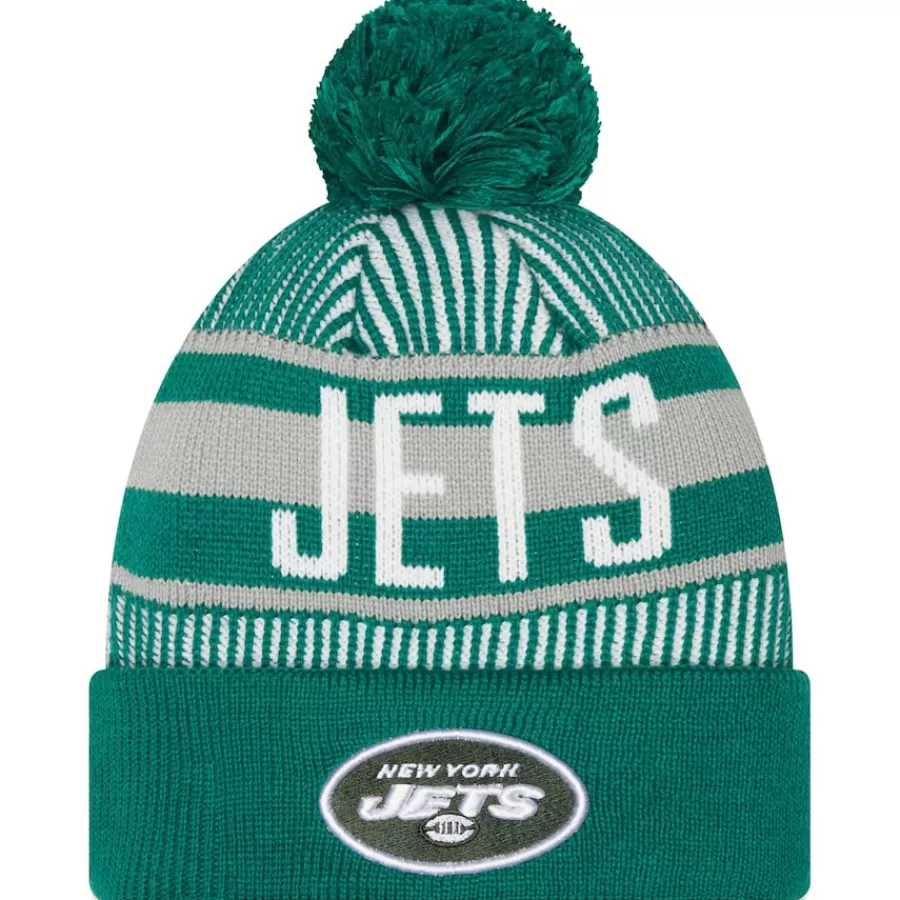 New York Jets Knit^Men's New Era Green Striped Cuffed Knit Hat With Pom