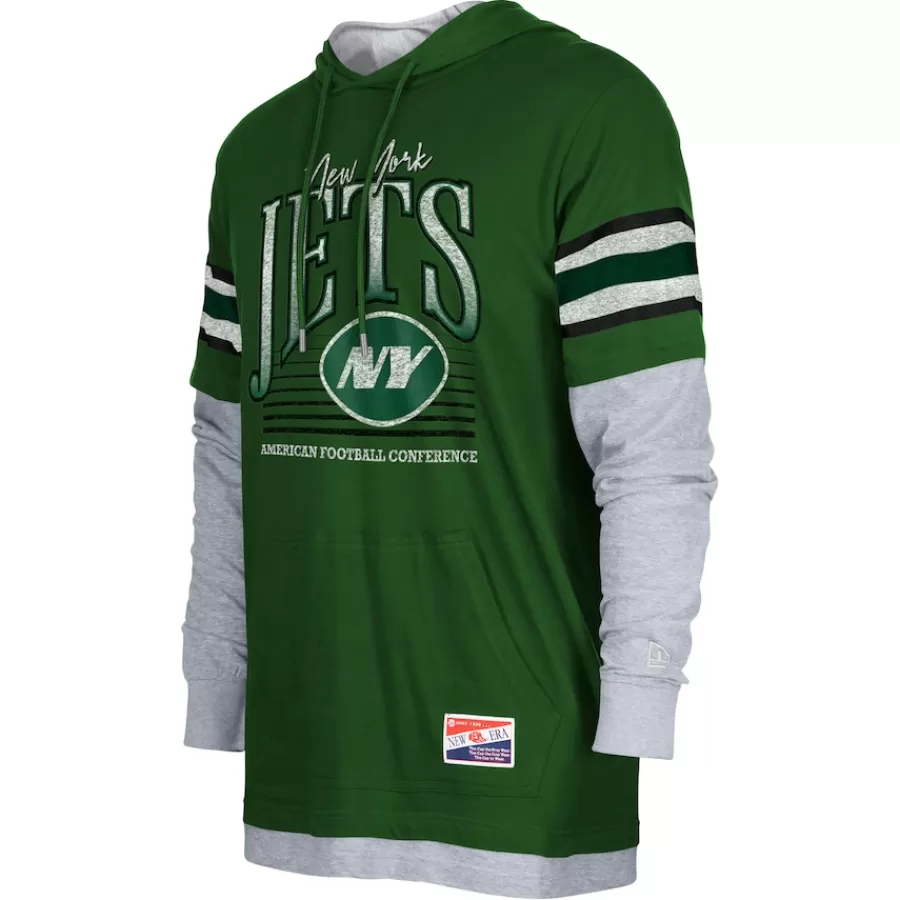 New York Jets Long Sleeved^Men's New Era Green Twofer Long Sleeve Hooded T-Shirt