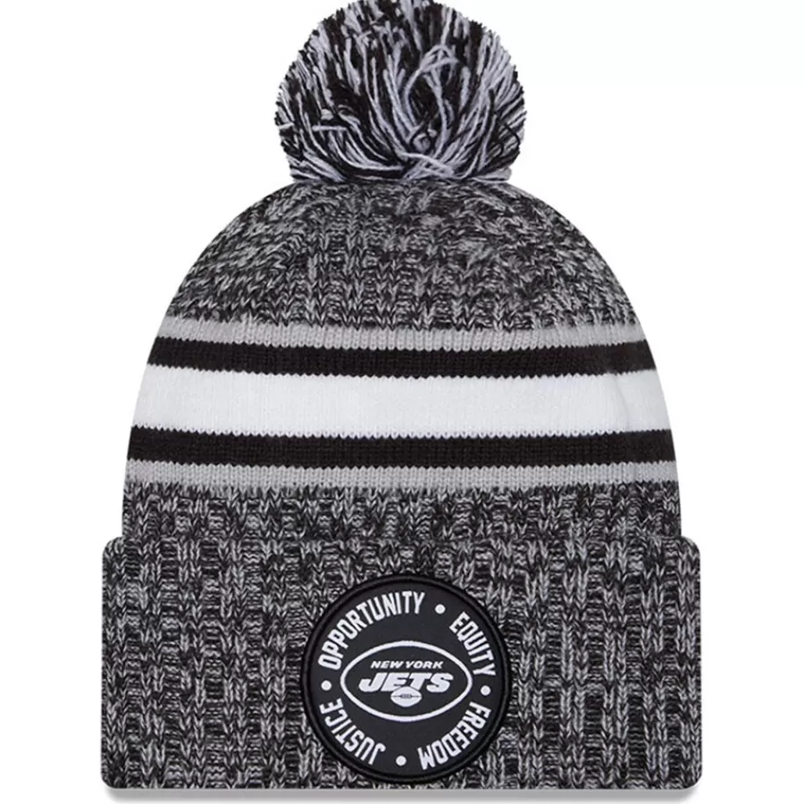 New York Jets Knit^Men's New Era Heather Black 2023 Inspire Change Cuffed Knit Hat With Pom