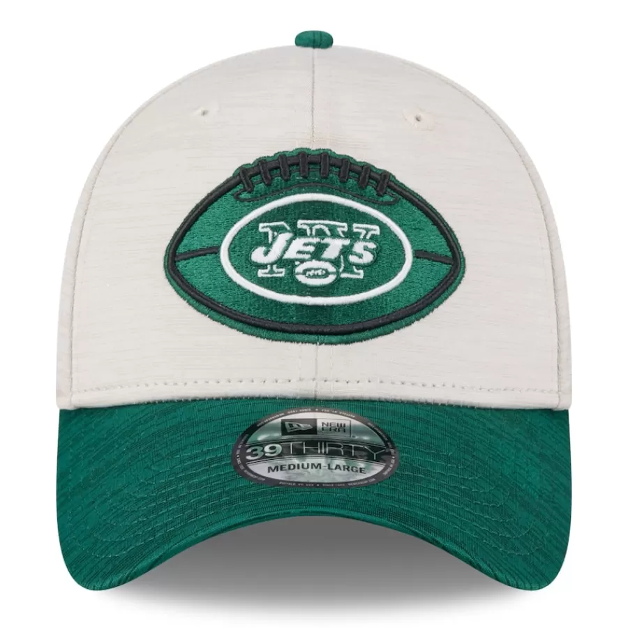 New York Jets Flex^Men's New Era Stone/Green 2024 Sideline Historic 39THIRTY Flex Hat