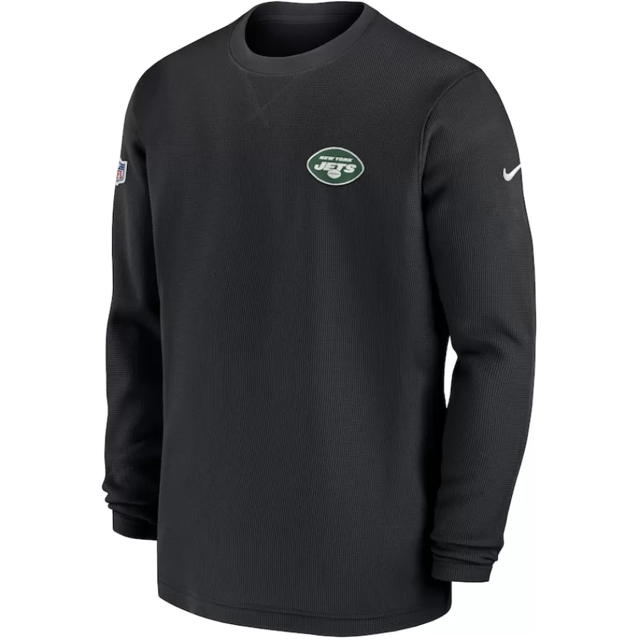 New York Jets Long Sleeved^Men's Nike Black 2023 Sideline Throwback Heavy Brushed Waffle Long Sleeve Top