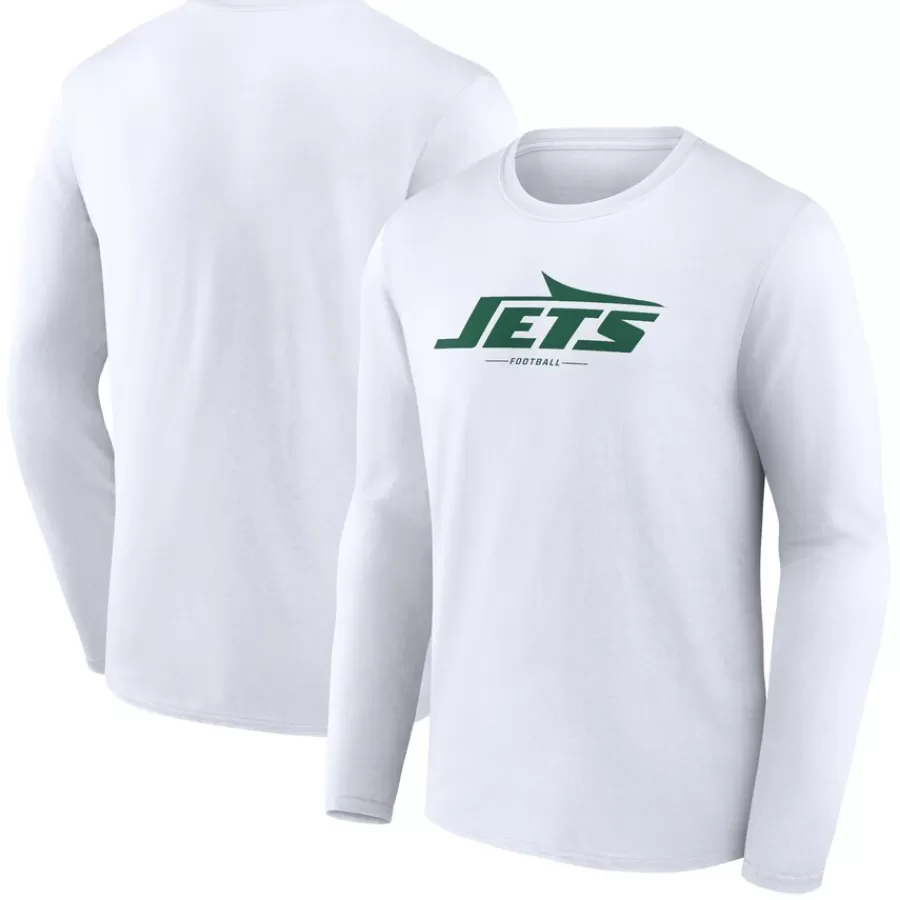 New York Jets Long Sleeved^Men's White Logo Team Lockup Long Sleeve T-Shirt