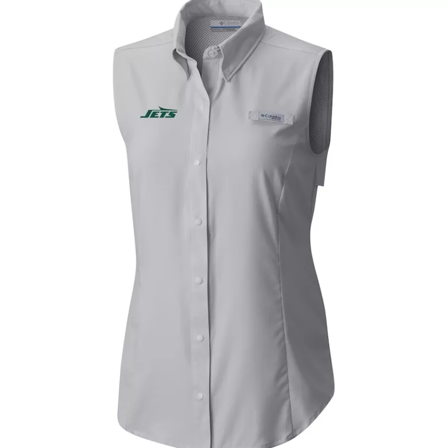 New York Jets Tank Tops^Women's Columbia Gray PFG Tamiami Omni-Shade Sleeveless Button-Up Shirt