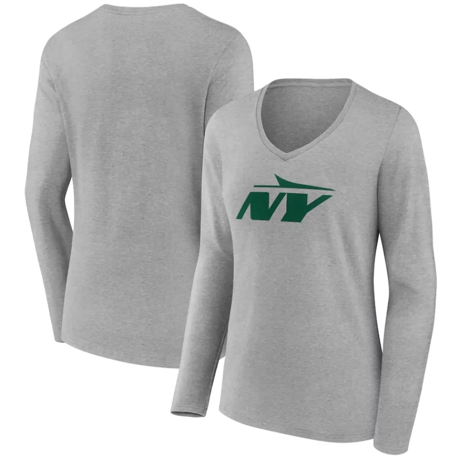 New York Jets Long Sleeved^Women's Gray Secondary Logo Long Sleeve V-Neck T-Shirt