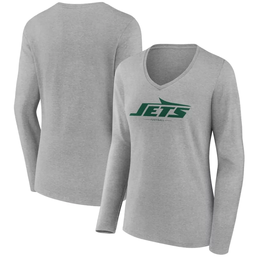 Women New York Jets T-Shirts | Women^Women's Heather Gray Logo Team Lockup Long Sleeve V-Neck T-Shirt