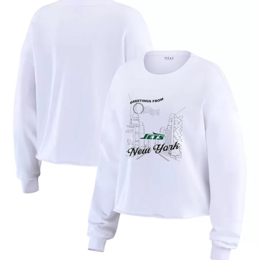 New York Jets Long Sleeved^Women's WEAR By Erin Andrews White Postcard Cropped Long Sleeve Top