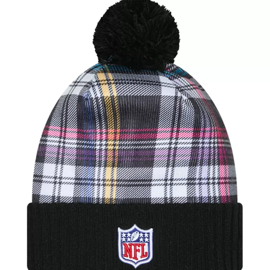 Kids New York Jets Hats | Kids^Youth New Era Black 2024 NFL Crucial Catch Plaid Cuffed Pom Knit Hat