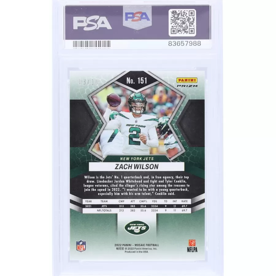 New York Jets Trading Cards^Zach Wilson 2022 Panini Mosaic Gold Mosaic #151 #3/10 PSA Authenticated 10 Card