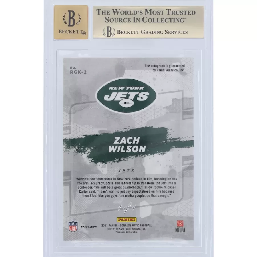 New York Jets Trading Cards^Zach Wilson Autographed 2021 Panini Donruss Optic Gold Vinyl Prizm #RGK-2 #1/1 BGS Authenticated 9.5/10 Rookie Card - 9.5,9.5,9.5,9.5 Subgrades